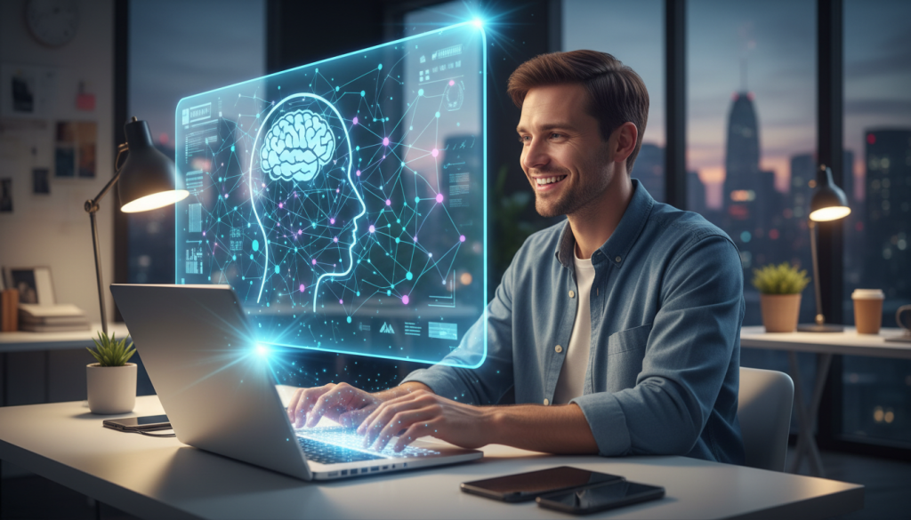 Illustration of a business user working with an AI interface