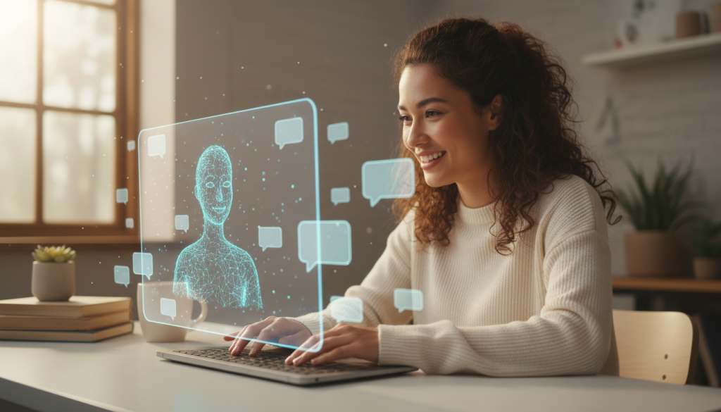 Illustration of a business user interacting with an AI assistant