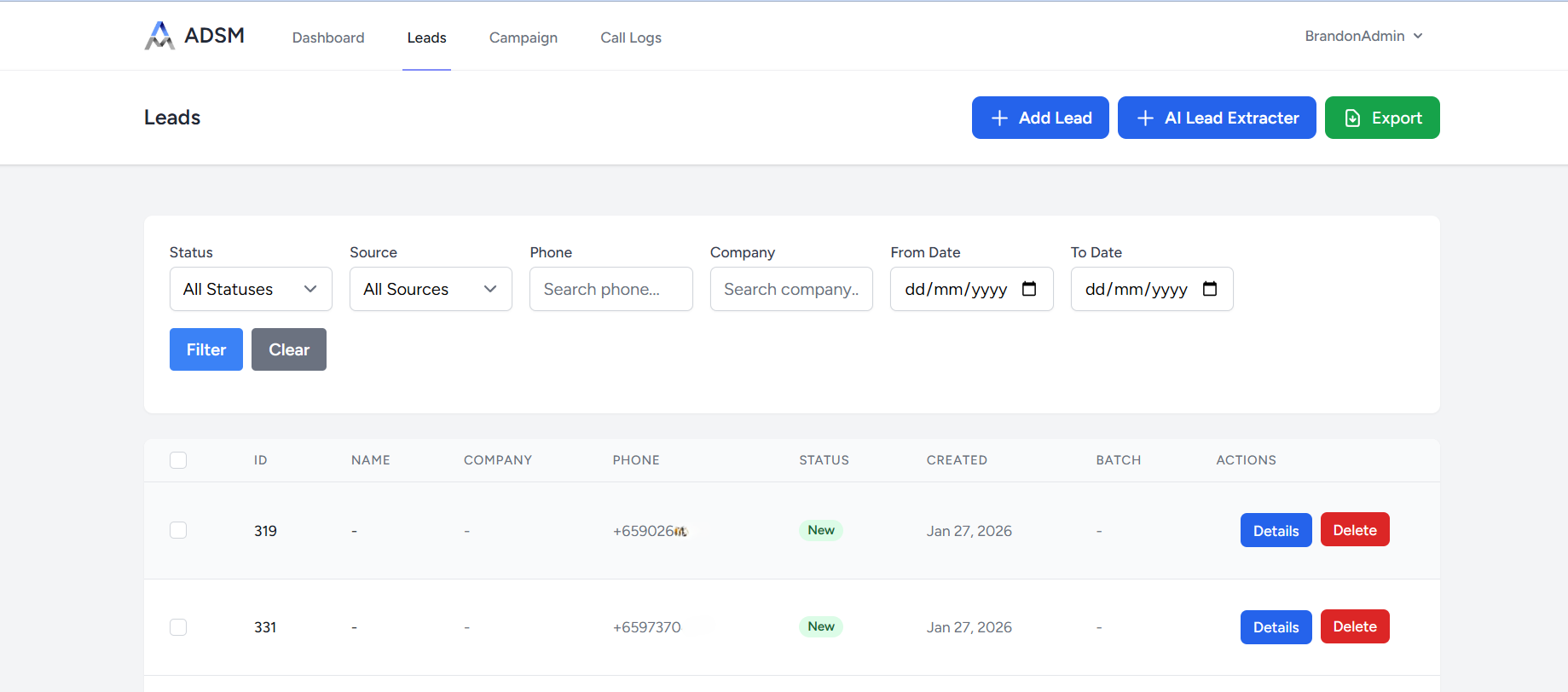 AI cold calling leads screenshot