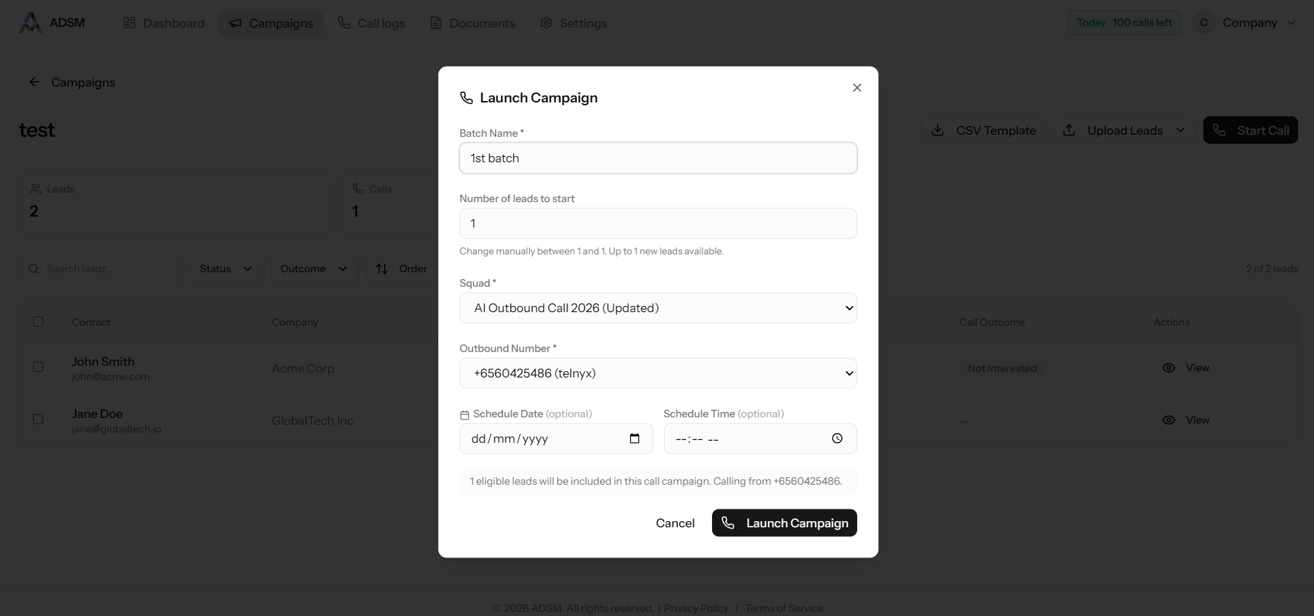 AI cold calling launch campaign screenshot