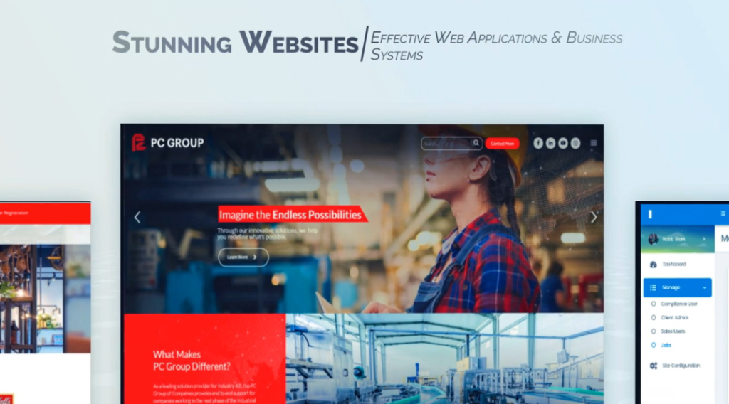 Examples of business website layouts and a management dashboard