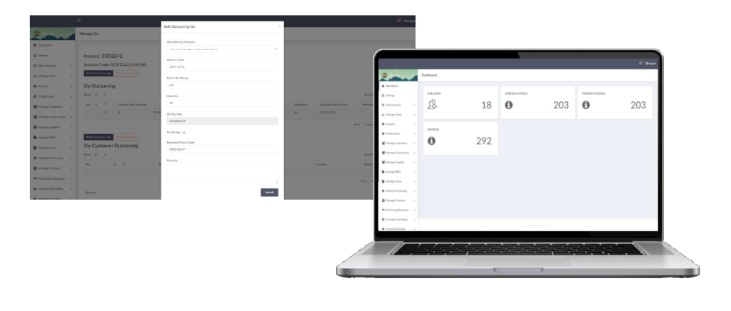 Example enterprise resource planning interfaces displayed on desktop and laptop screens