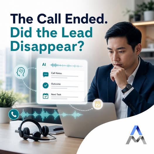 AI call outcome, notes and next task captured for lead follow-up