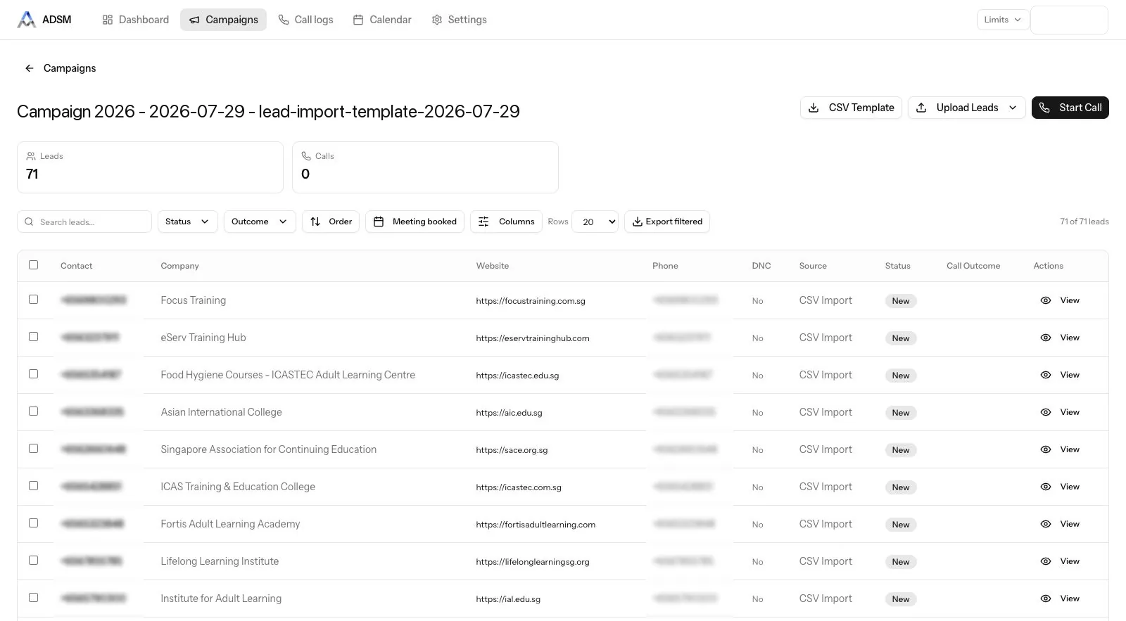 ADSM AI cold calling lead list with company, website, DNC, status and call outcome fields